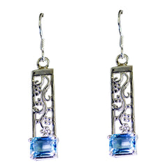 Riyo Real Gemstones Octogon Faceted Blue Topaz Silver Earring teacher's day gift