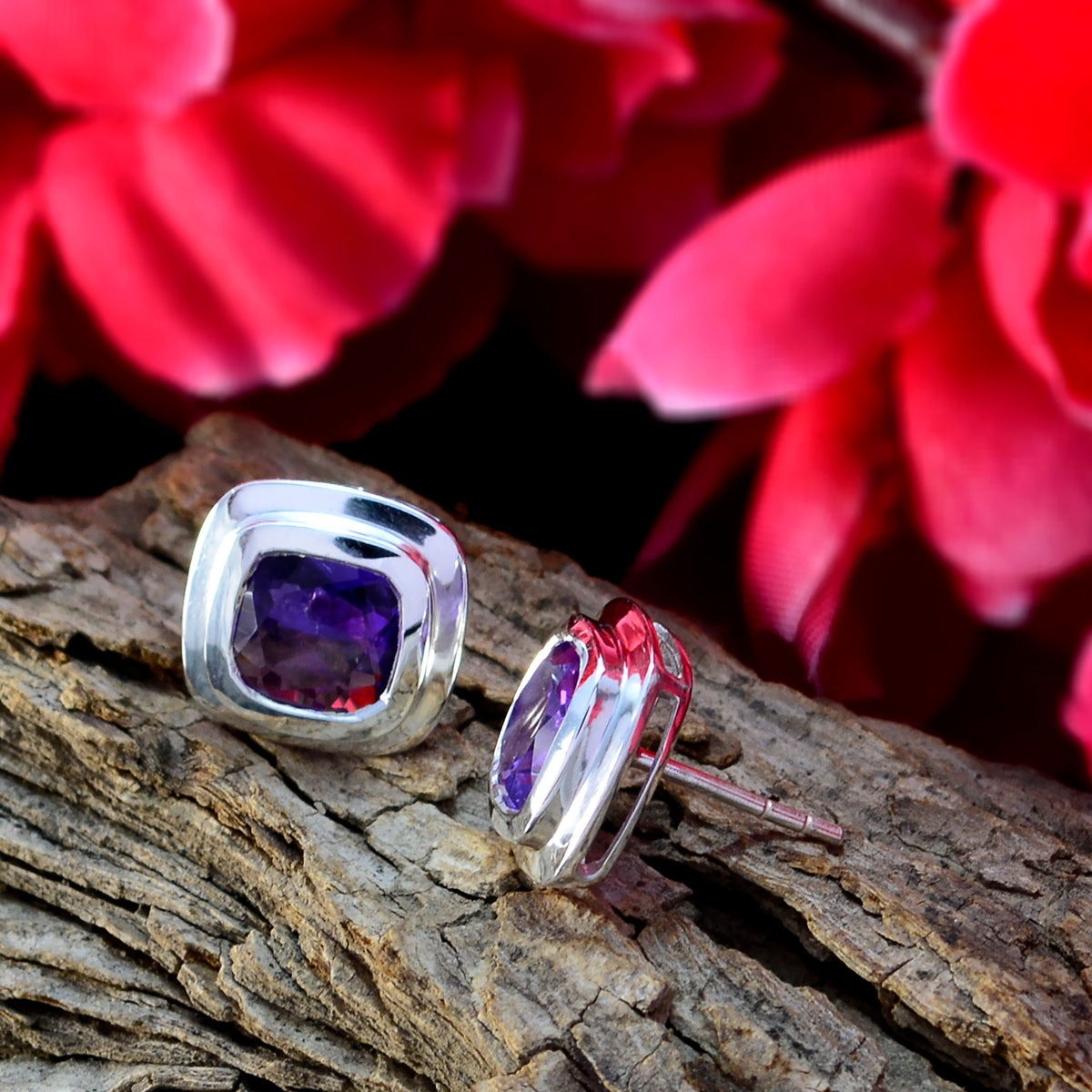 Riyo Real Gemstones Octogon Faceted Purple Amethyst Silver Earring independence day gift