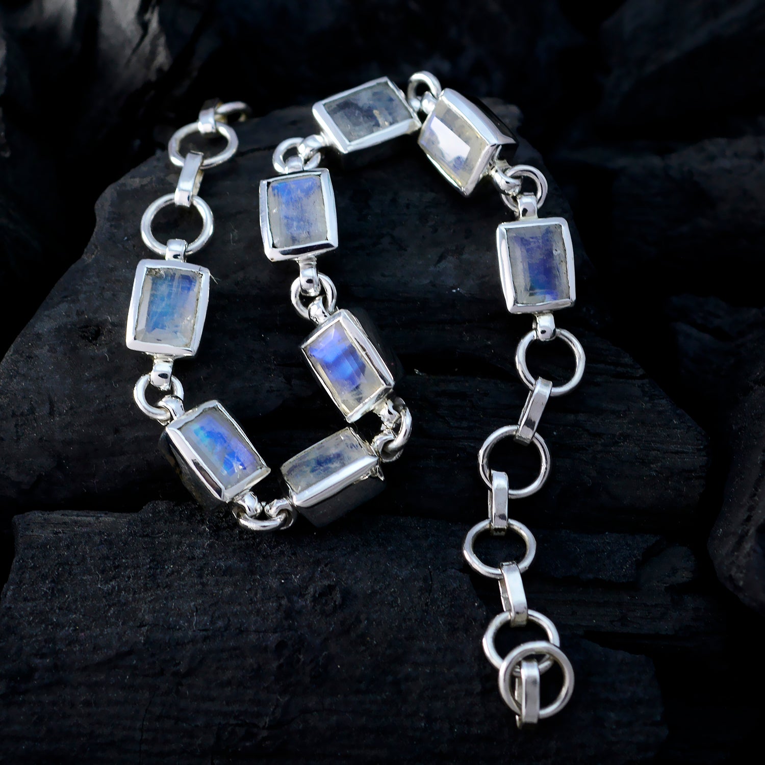 Riyo Real Gemstones Octogon Faceted White Rainbow Moonstone Silver Bracelets college graduation