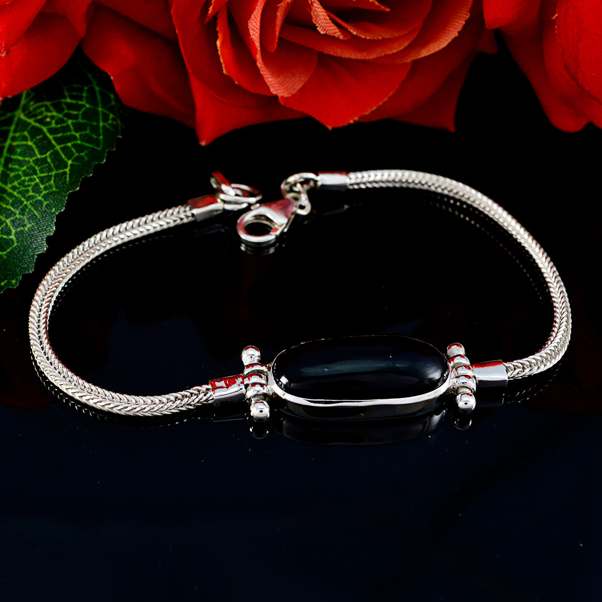 Riyo Real Gemstones Oval Cabochon Black Black Onyx Silver Bracelets gift for anniversary
