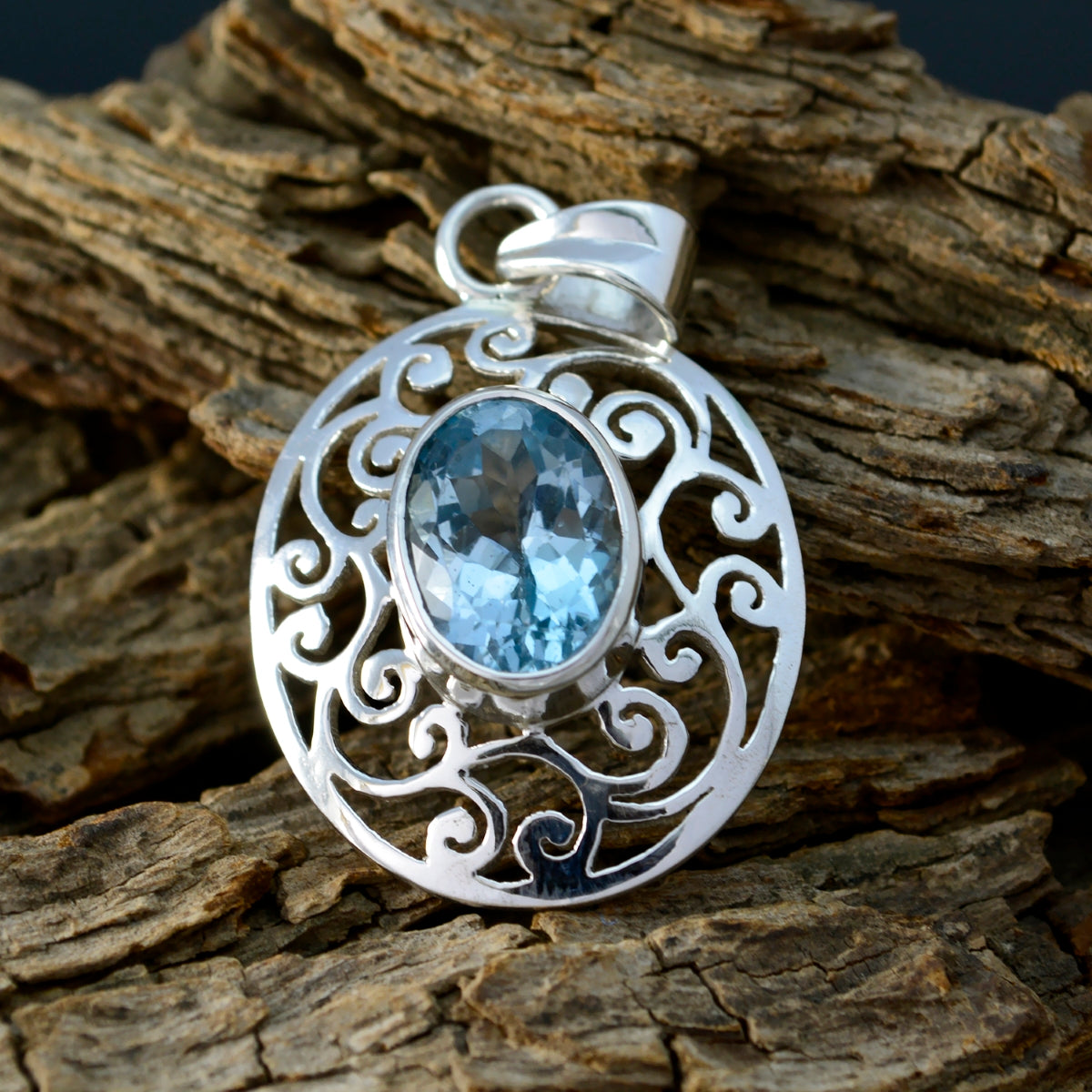 Riyo Real Gemstones Oval Faceted Blue Blue Topaz Sterling Silver Pendant wedding gift