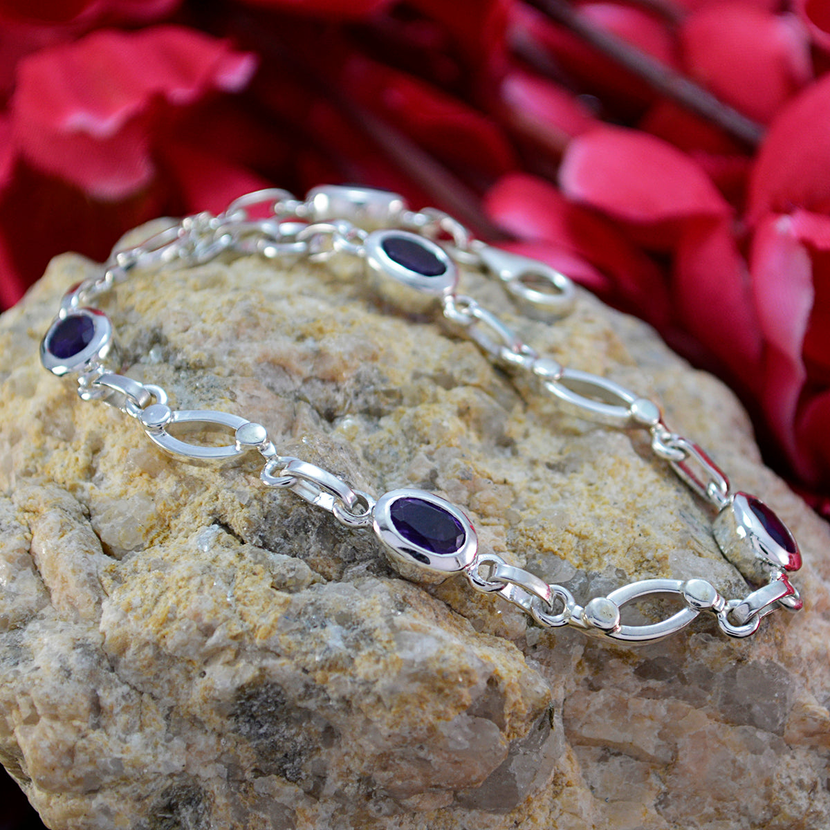 Riyo Real Gemstones Oval Faceted Purple Amethyst Silver Bracelet gift for independence