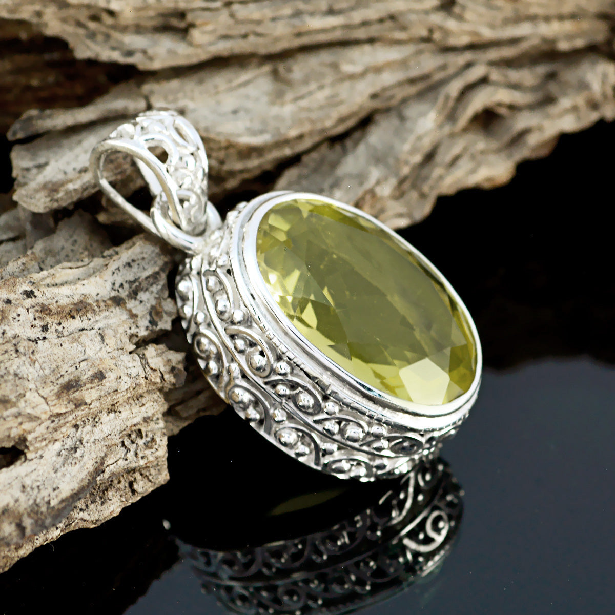 Riyo Real Gemstones Oval Faceted Yellow Lemon Quartz 925 Sterling Silver Pendant christmas gifts