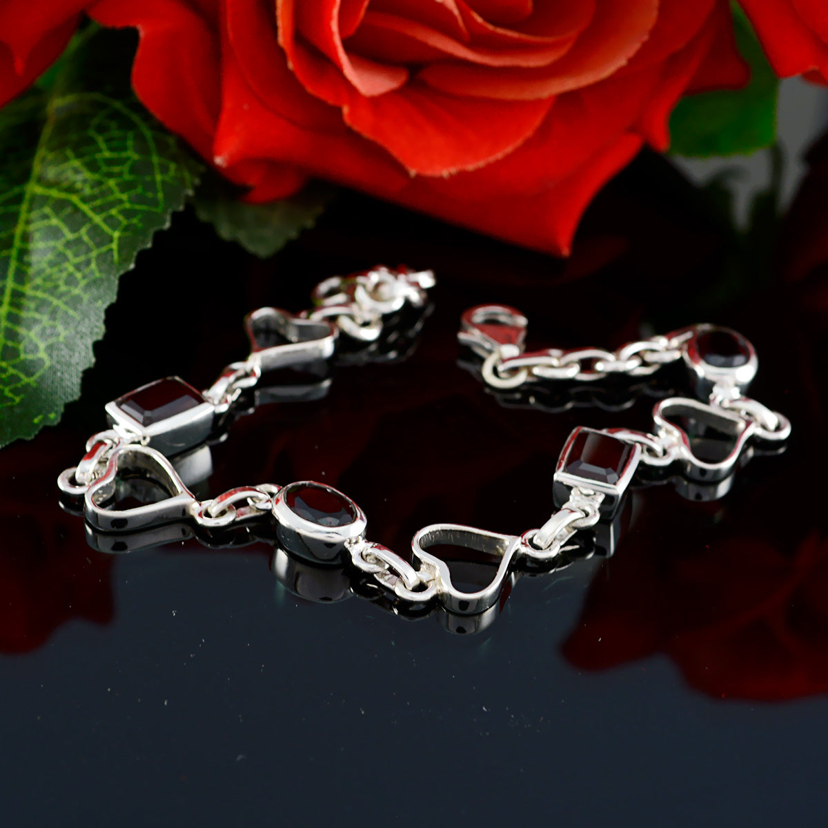 Riyo Real Gemstones Oval/Octogon Faceted Black Black Onyx Silver Bracelets moms day gift