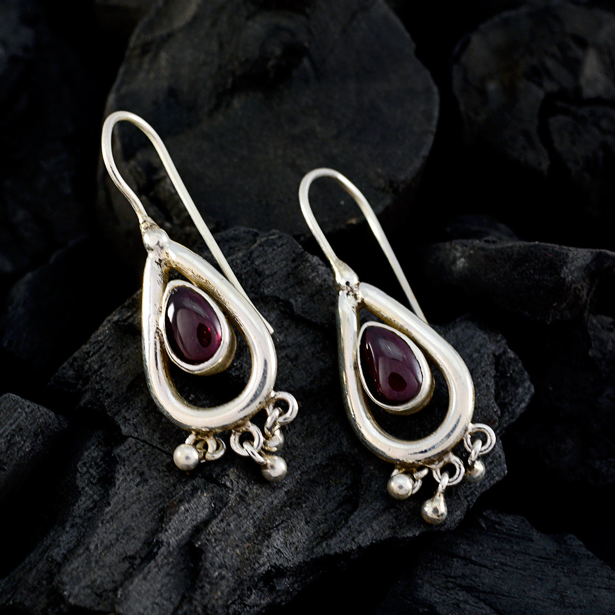Riyo Real Gemstones Pear Cabochon Red Garnet Silver Earrings gift for independence day