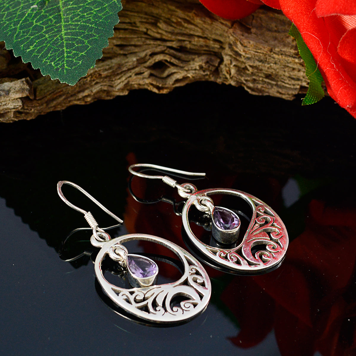 Riyo Real Gemstones Pear Faceted Purple Amethyst Silver Earring mom gift