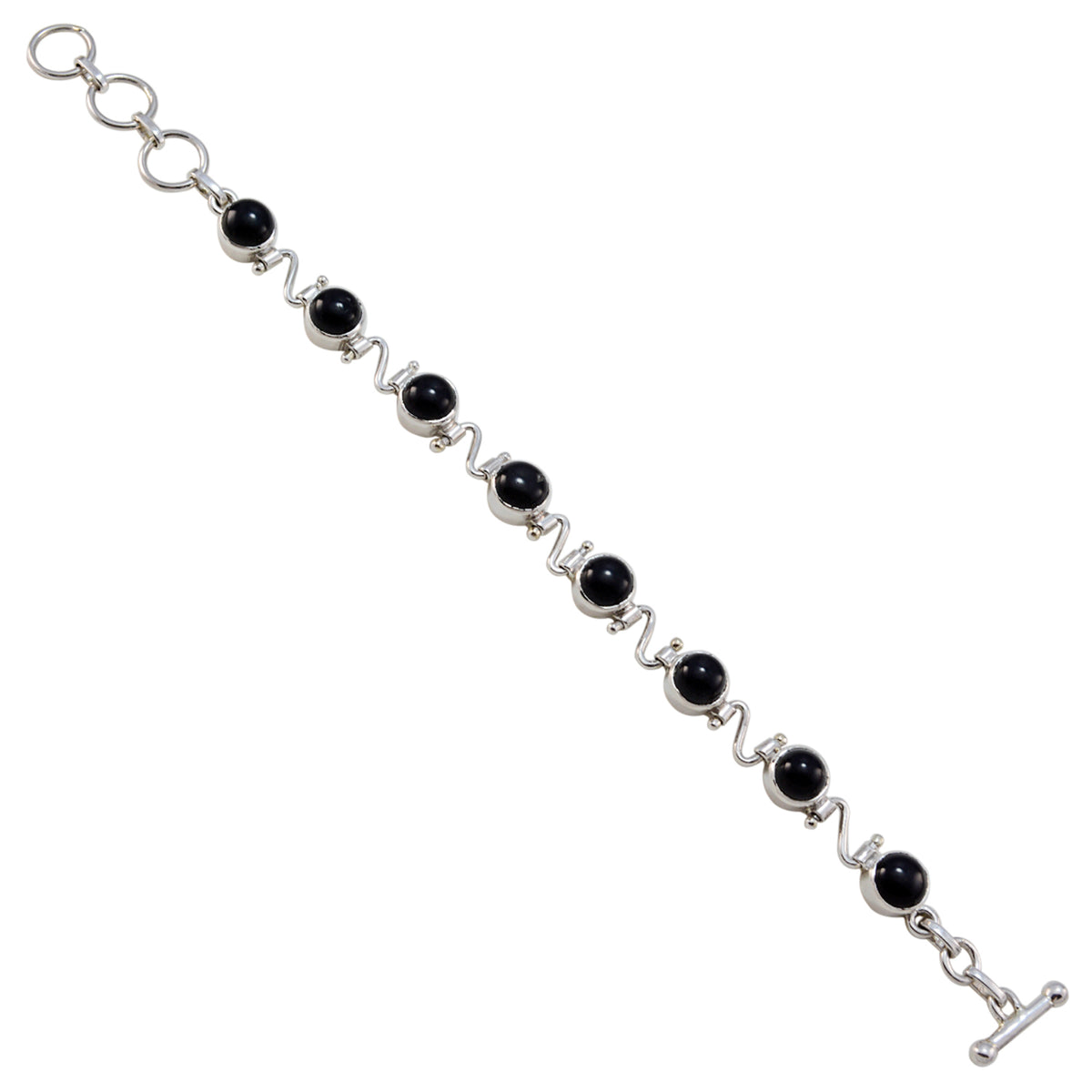 Riyo Real Gemstones Round Cabochon Black Black Onyx Silver Bracelet gift for valentine's day