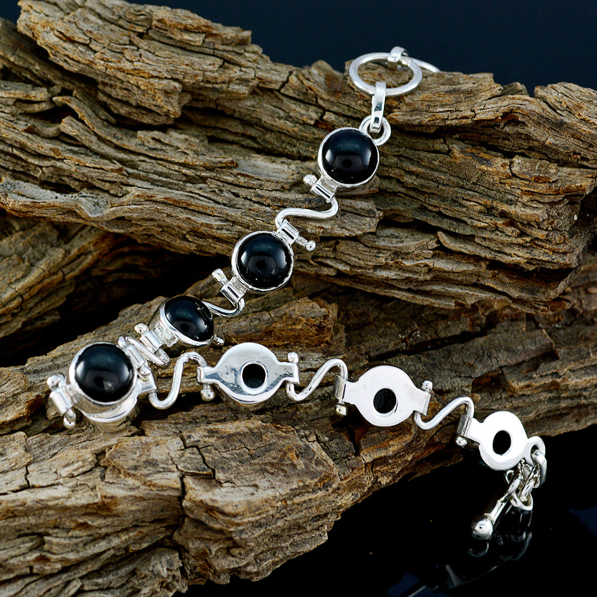 Riyo Real Gemstones Round Cabochon Black Black Onyx Silver Bracelet gift for valentine's day