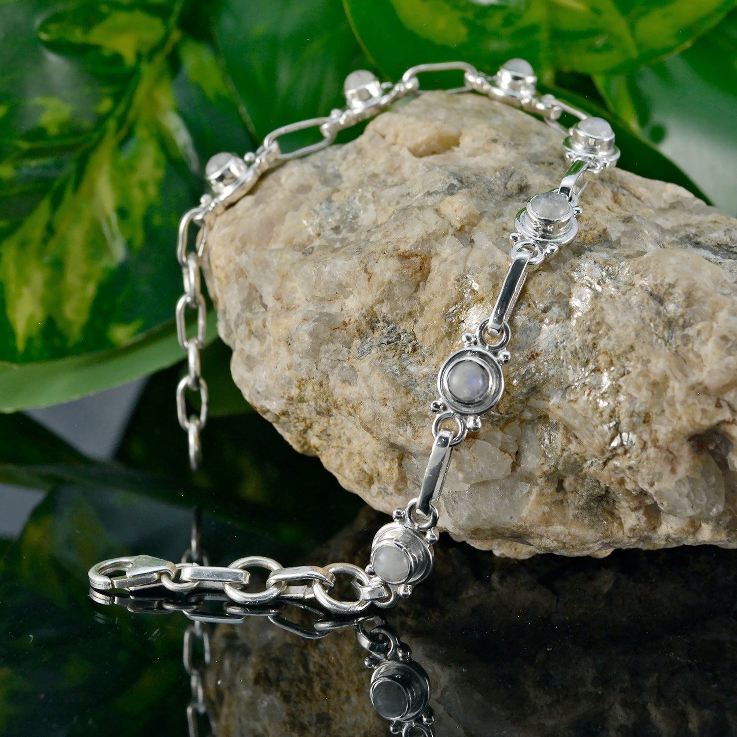 Riyo Real Gemstones Round Cabochon White Rainbow Moonstone Silver Bracelets gift for sister