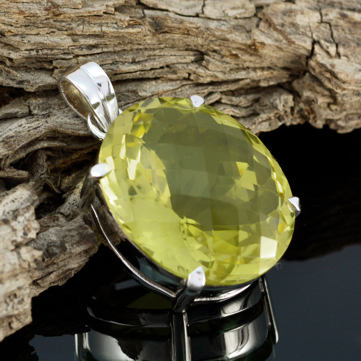 Riyo Real Gemstones Round checker Yellow Lemon Quartz Solid Silver Pendants brithday gift
