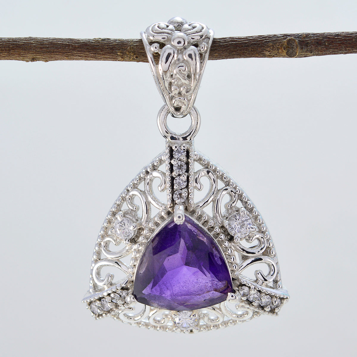 Riyo Real Gemstones Triangle Faceted Purple Amethyst Solid Silver Pendant gift for mom birthday