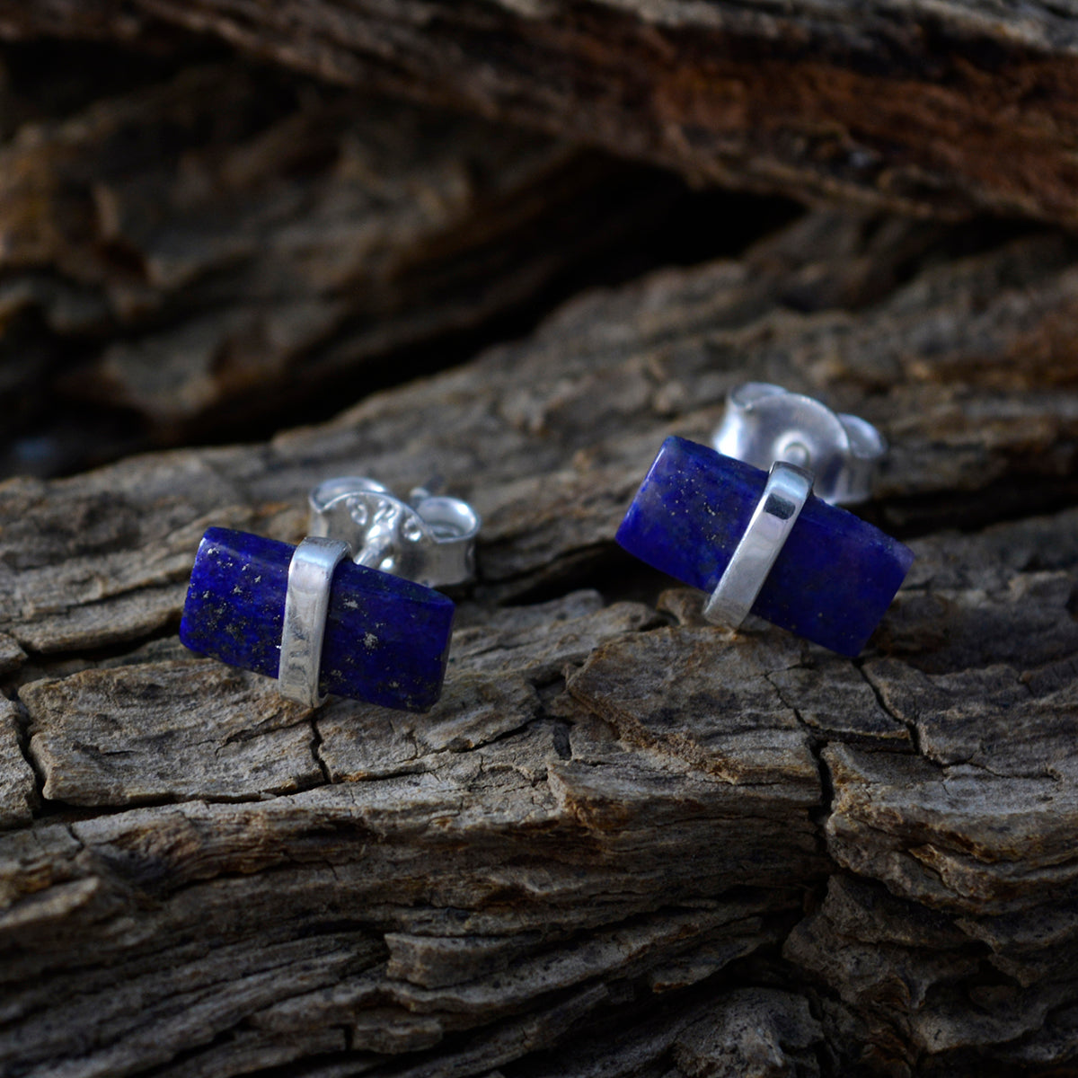 Riyo Real Gemstones baguette Cabochon Nevy Blue Lapis Lazuli Silver Earring gift for teacher's day