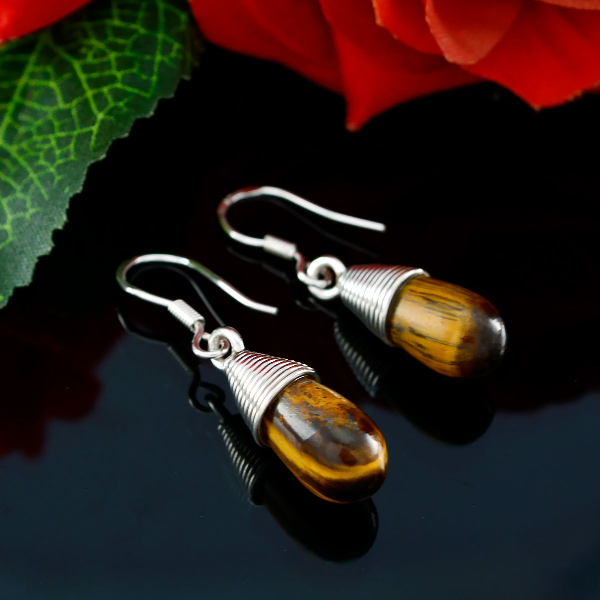 Riyo Real Gemstones fancy Cabochon Brown Tiger Eye Silver Earrings gift for new years day