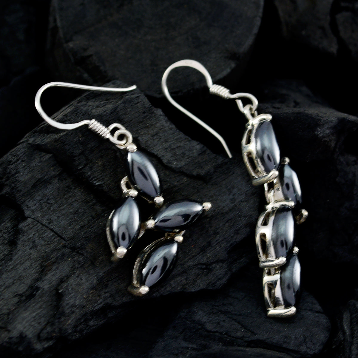 Riyo Real Gemstones marquise Cabochon Multi gunmetal Silver Earrings gift for good