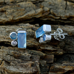 Riyo Real Gemstones multi shape Faceted Blue Chalcedony Silver Earring gift for mom birthday