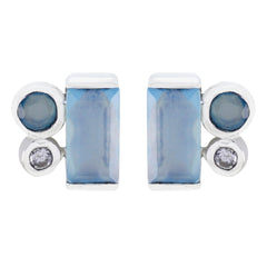 Riyo Real Gemstones multi shape Faceted Blue Chalcedony Silver Earring gift for mom birthday
