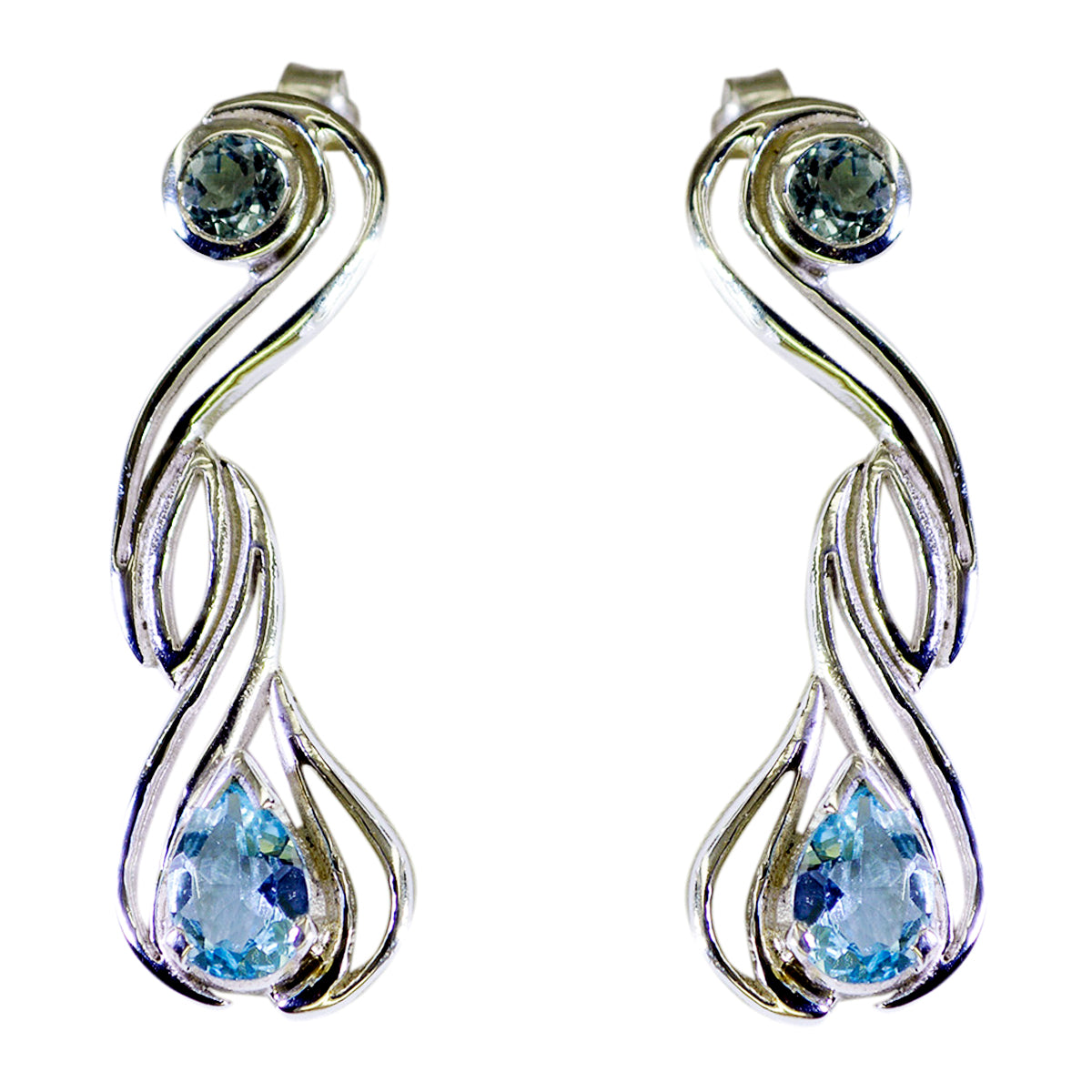 Riyo Real Gemstones multi shape Faceted Blue Topaz Silver Earring gift for independence