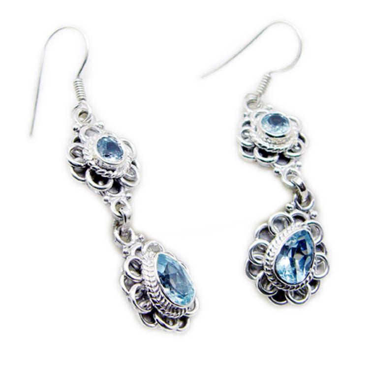 Riyo Real Gemstones multi shape Faceted Blue Topaz Silver Earrings gift for friendship day