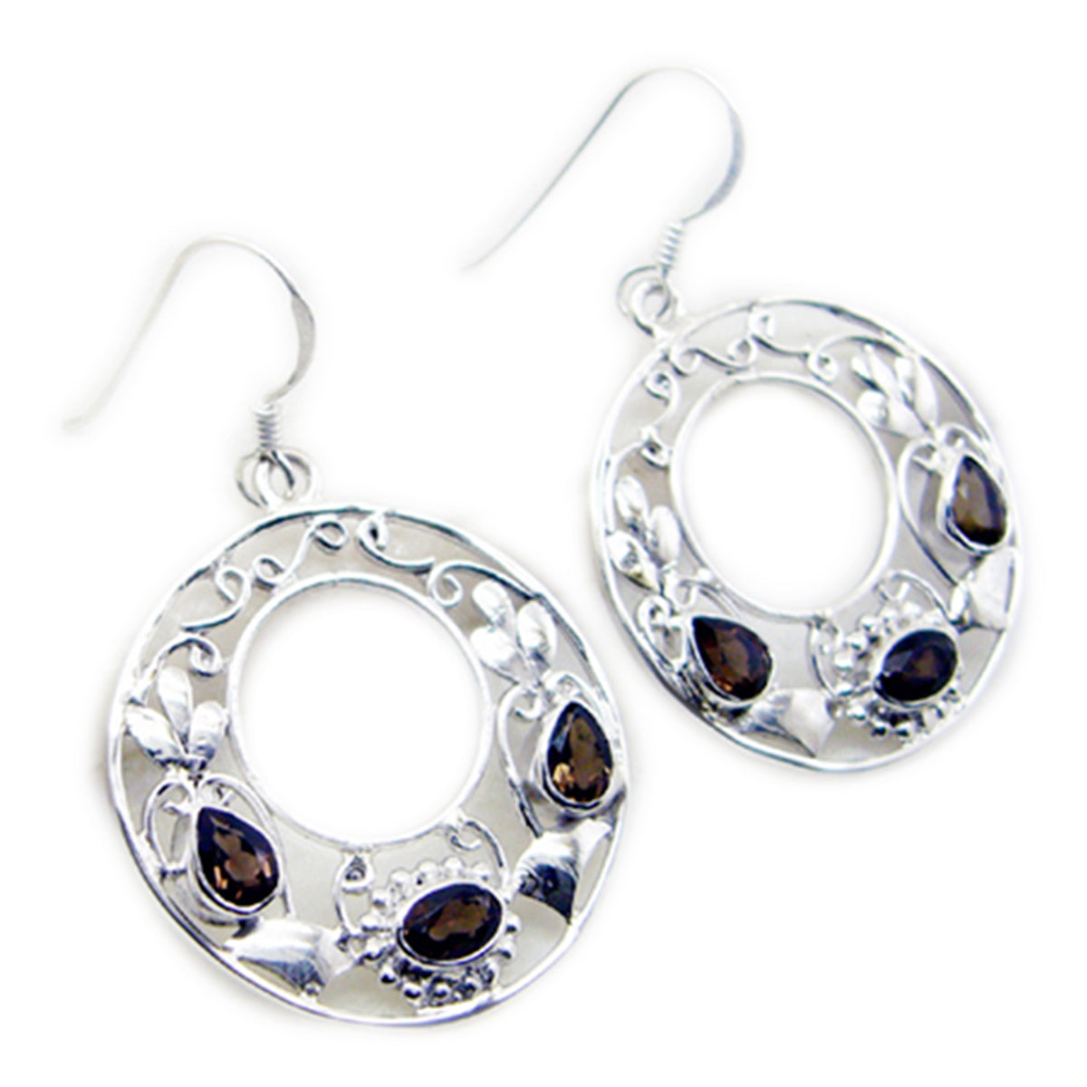 Riyo Real Gemstones multi shape Faceted Brown Smokey Quartz Silver Earrings gift for handmade