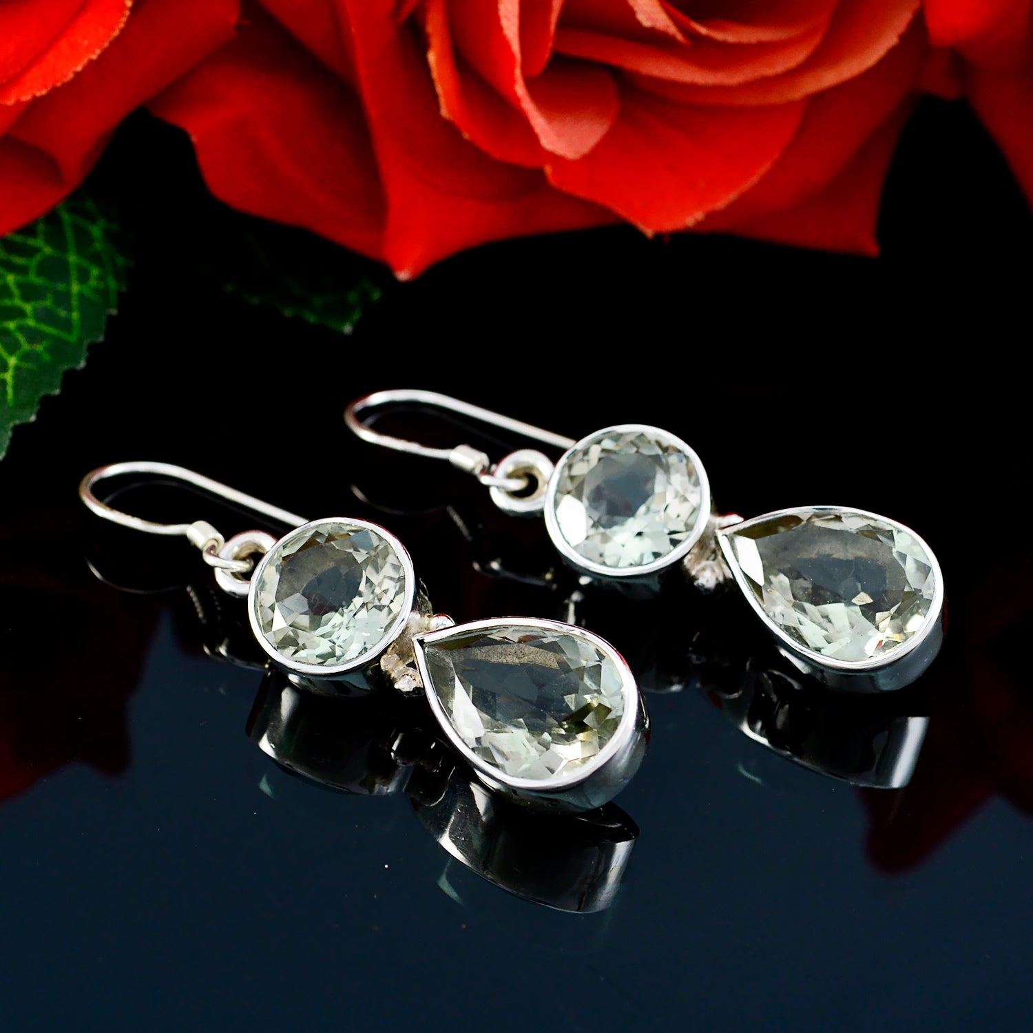 Riyo Real Gemstones multi shape Faceted Green Amethyst Silver Earring brithday gift
