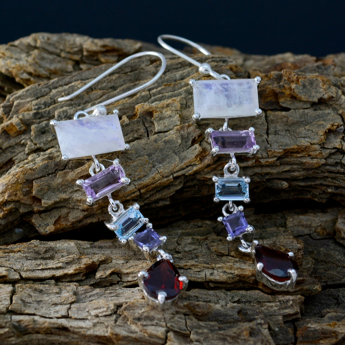 Riyo Real Gemstones multi shape Faceted Multi Multi Stone Silver Earrings gift for boxing day