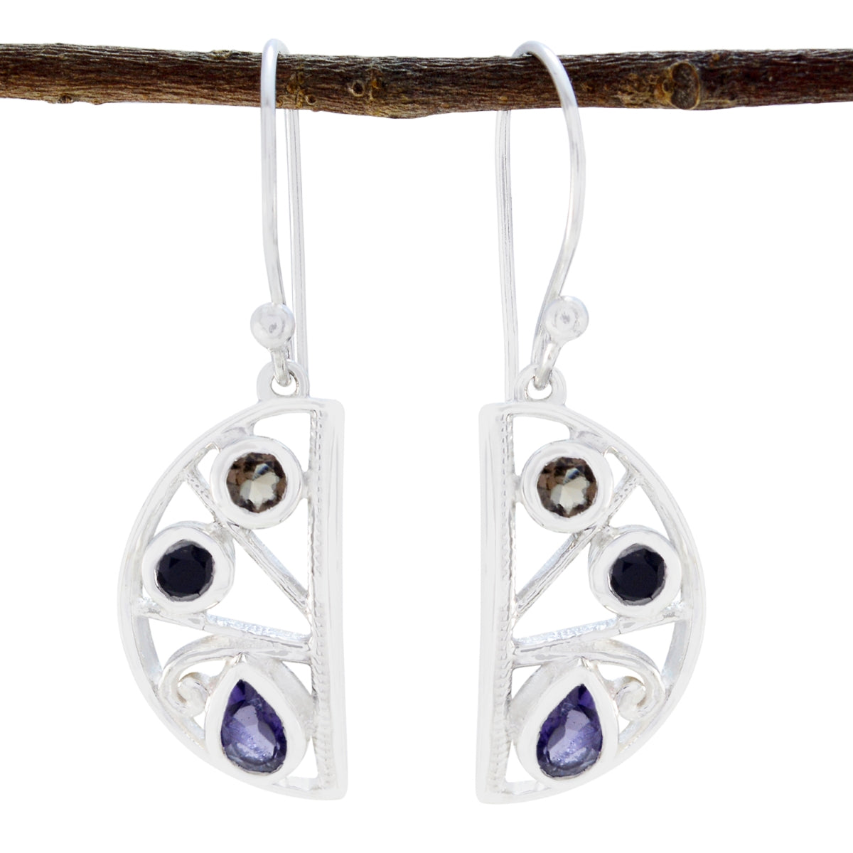 Riyo Real Gemstones multi shape Faceted Multi Multi Stone Silver Earrings gift for handmade