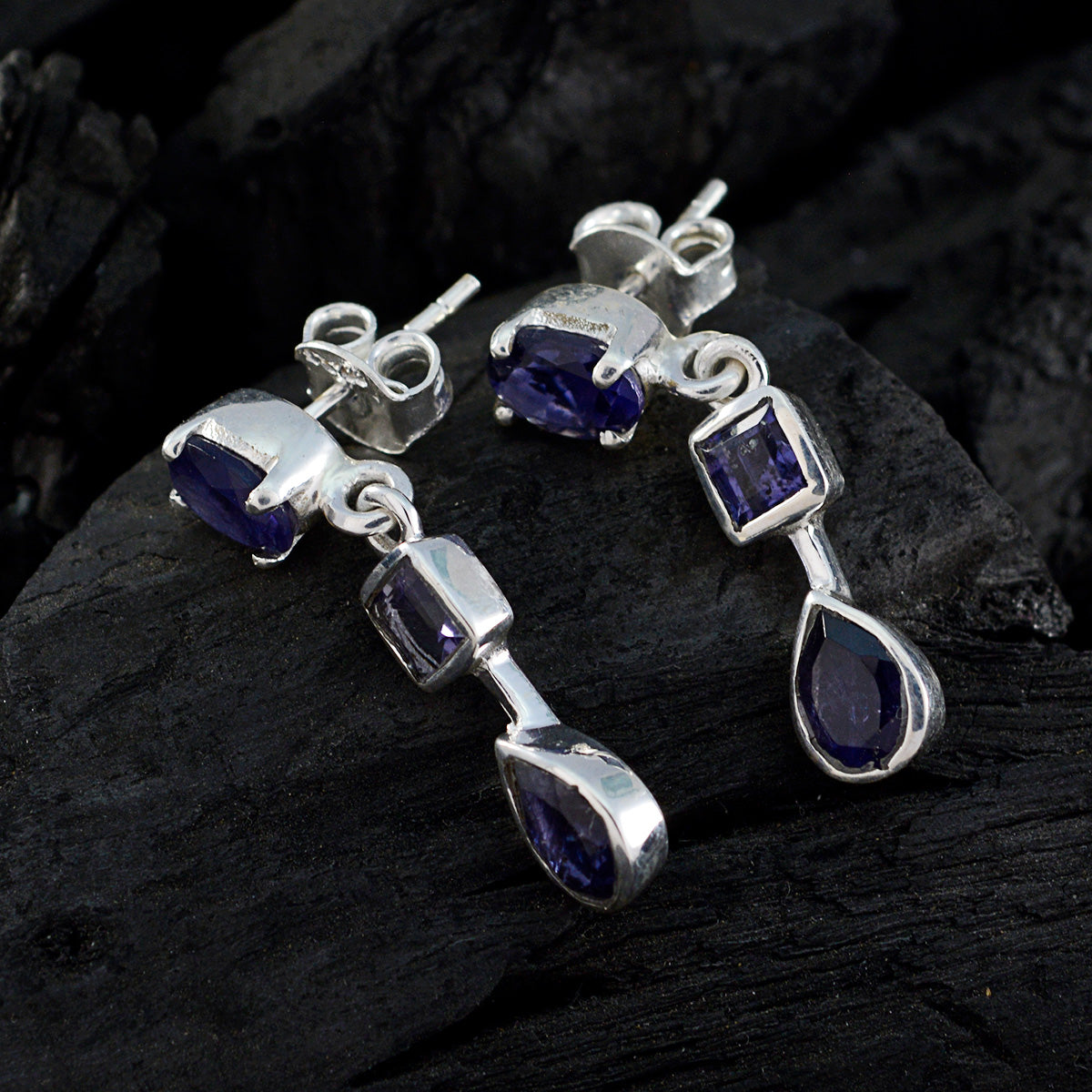 Riyo Real Gemstones multi shape Faceted Nevy Blue Iolite Silver Earrings gift for graduation
