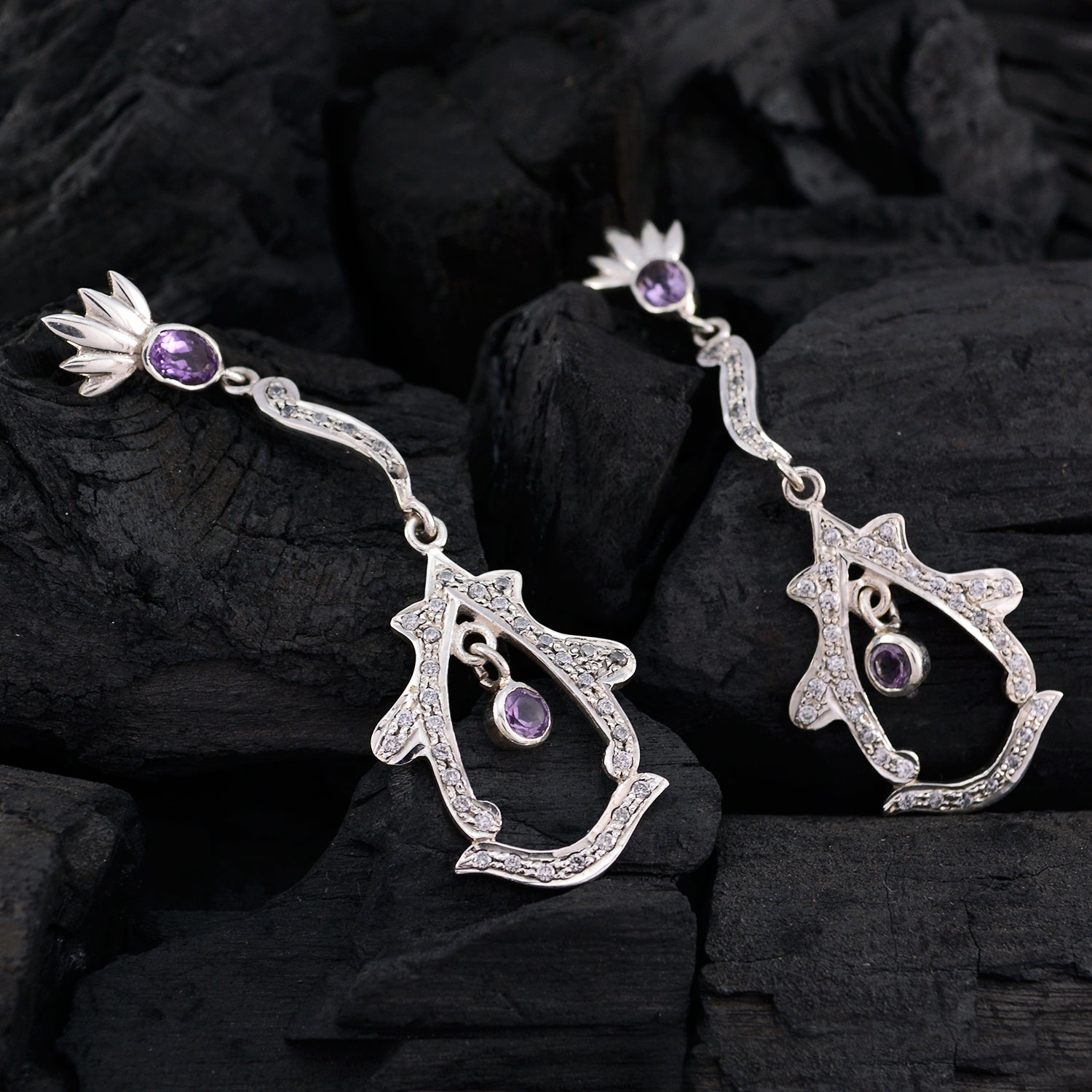 Riyo Real Gemstones multi shape Faceted Purple Amethyst Silver Earring anniversary gift