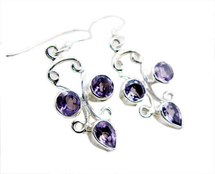Riyo Real Gemstones multi shape Faceted Purple Amethyst Silver Earring gift for grandmom