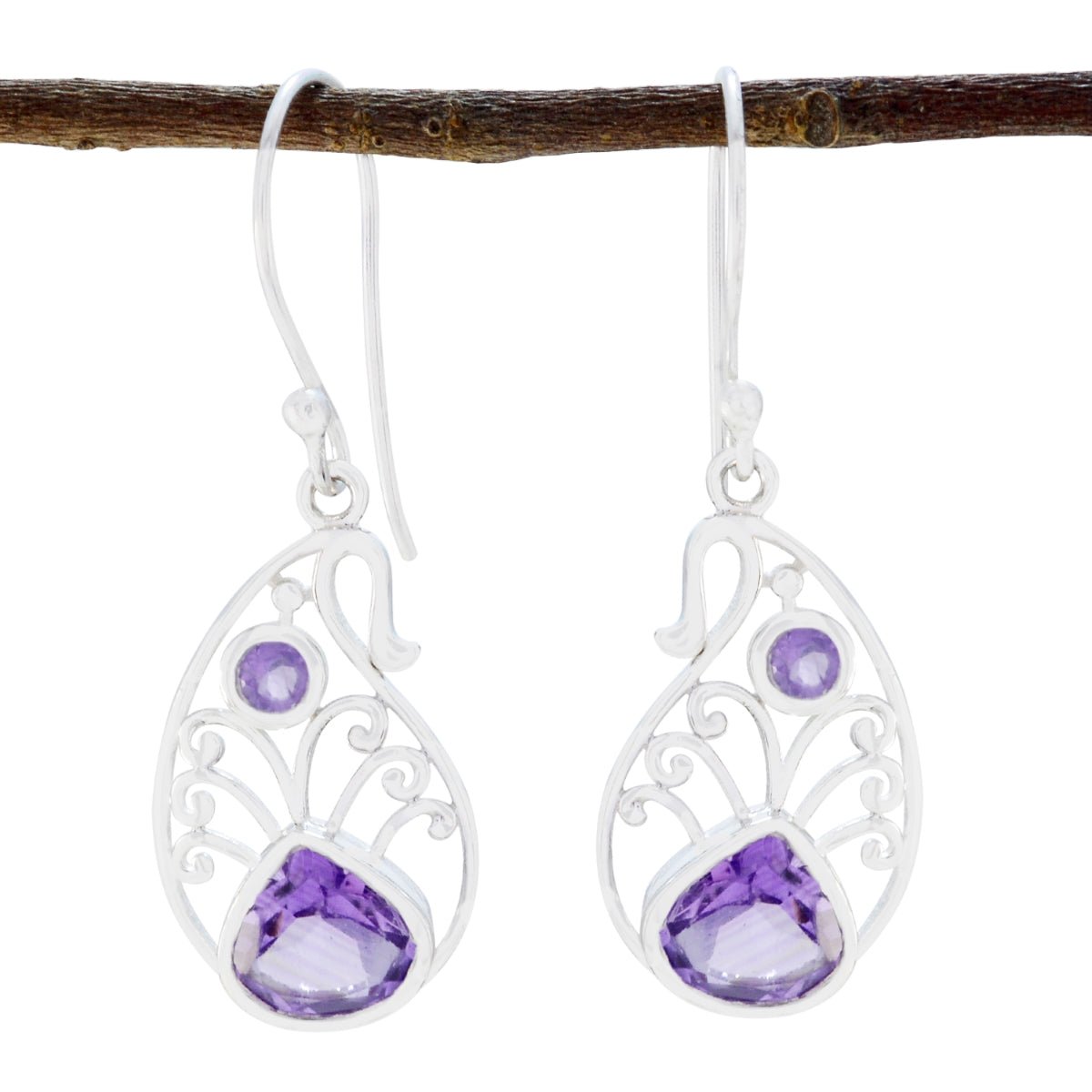 Riyo Real Gemstones multi shape Faceted Purple Amethyst Silver Earring gift for teacher's day