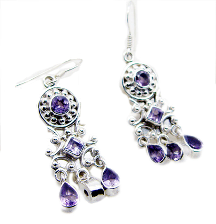 Riyo Real Gemstones multi shape Faceted Purple Amethyst Silver Earrings gift for daughter's day
