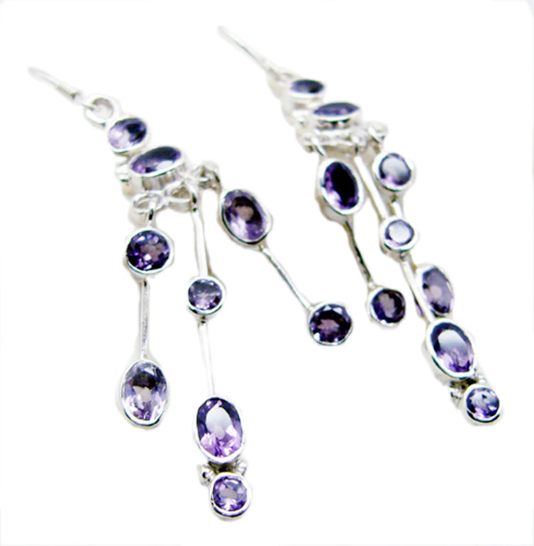 Riyo Real Gemstones multi shape Faceted Purple Amethyst Silver Earrings gift for independence day