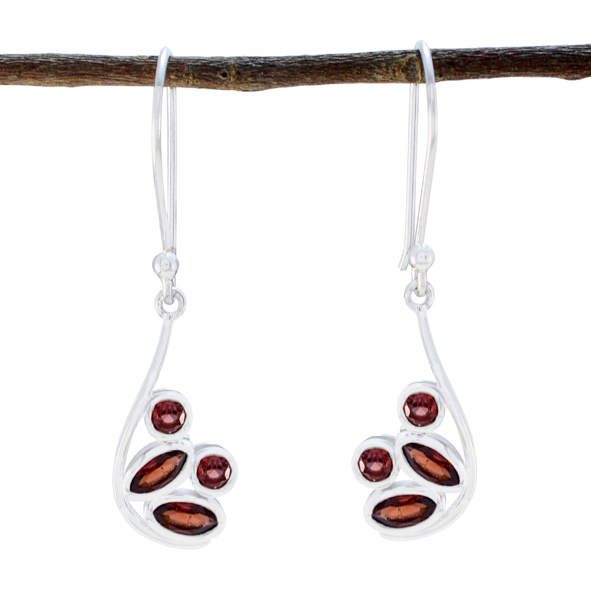 Riyo Real Gemstones multi shape Faceted Red Garnet Silver Earring girlfriend gift