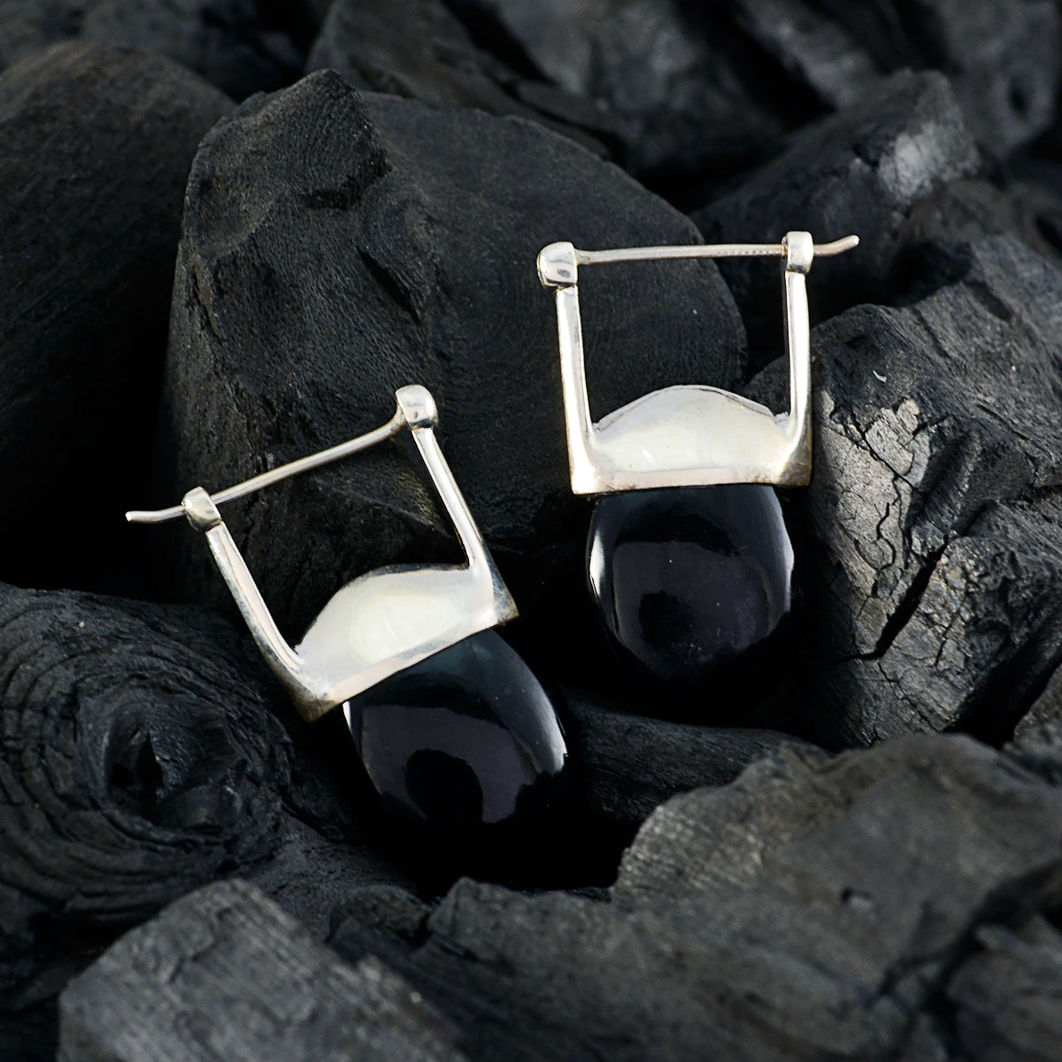 Riyo Real Gemstones oval Cabochon Black Onyx Silver Earrings halloween gift