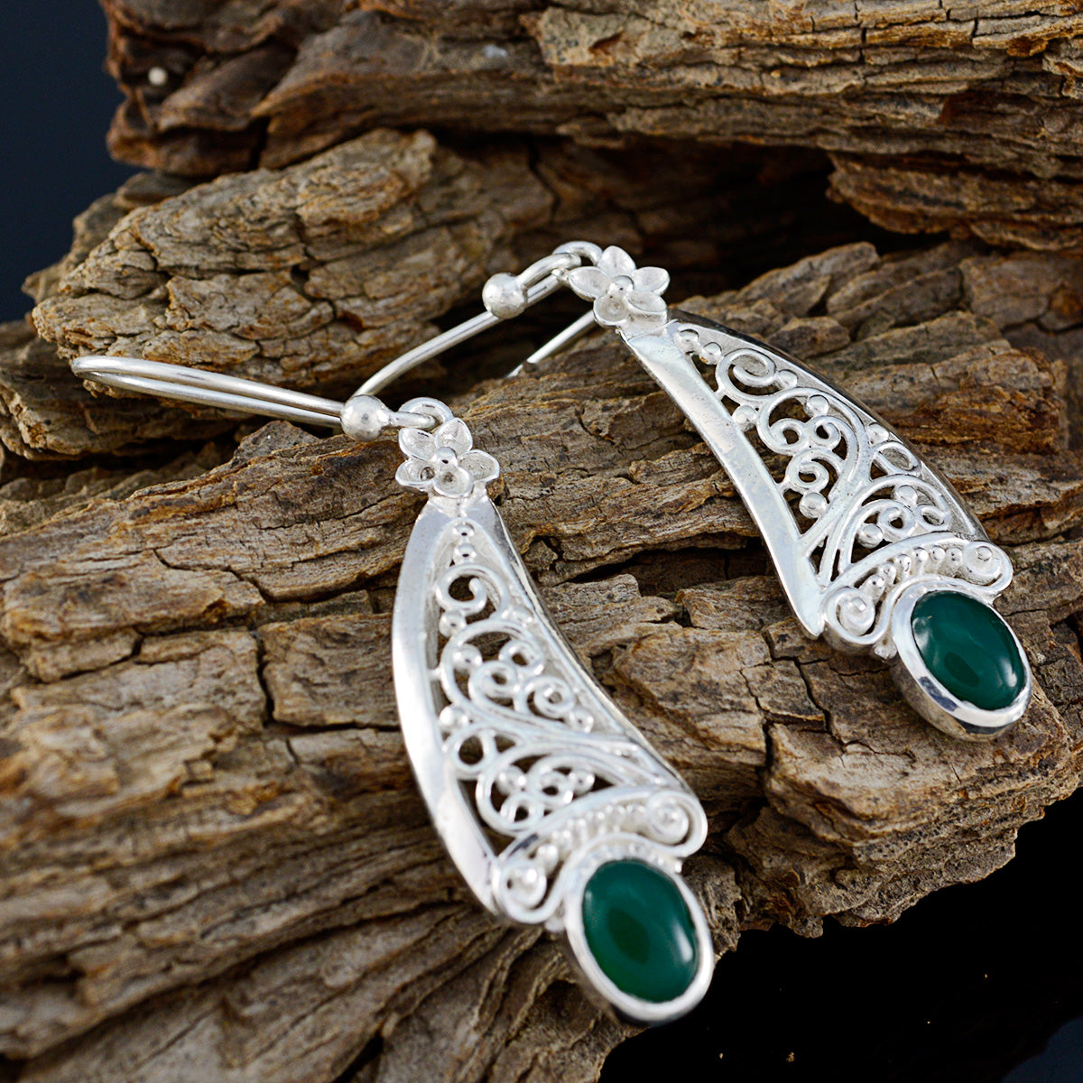 Riyo Real Gemstones oval Cabochon Green Onyx Silver Earrings gift for Faishonable day