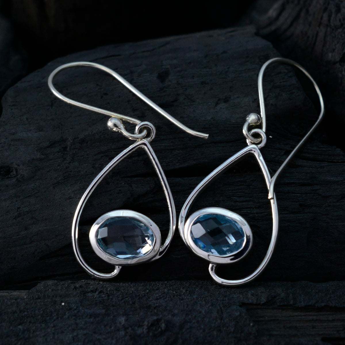 Riyo Real Gemstones oval Faceted Blue Topaz Silver Earrings gift for teachers day