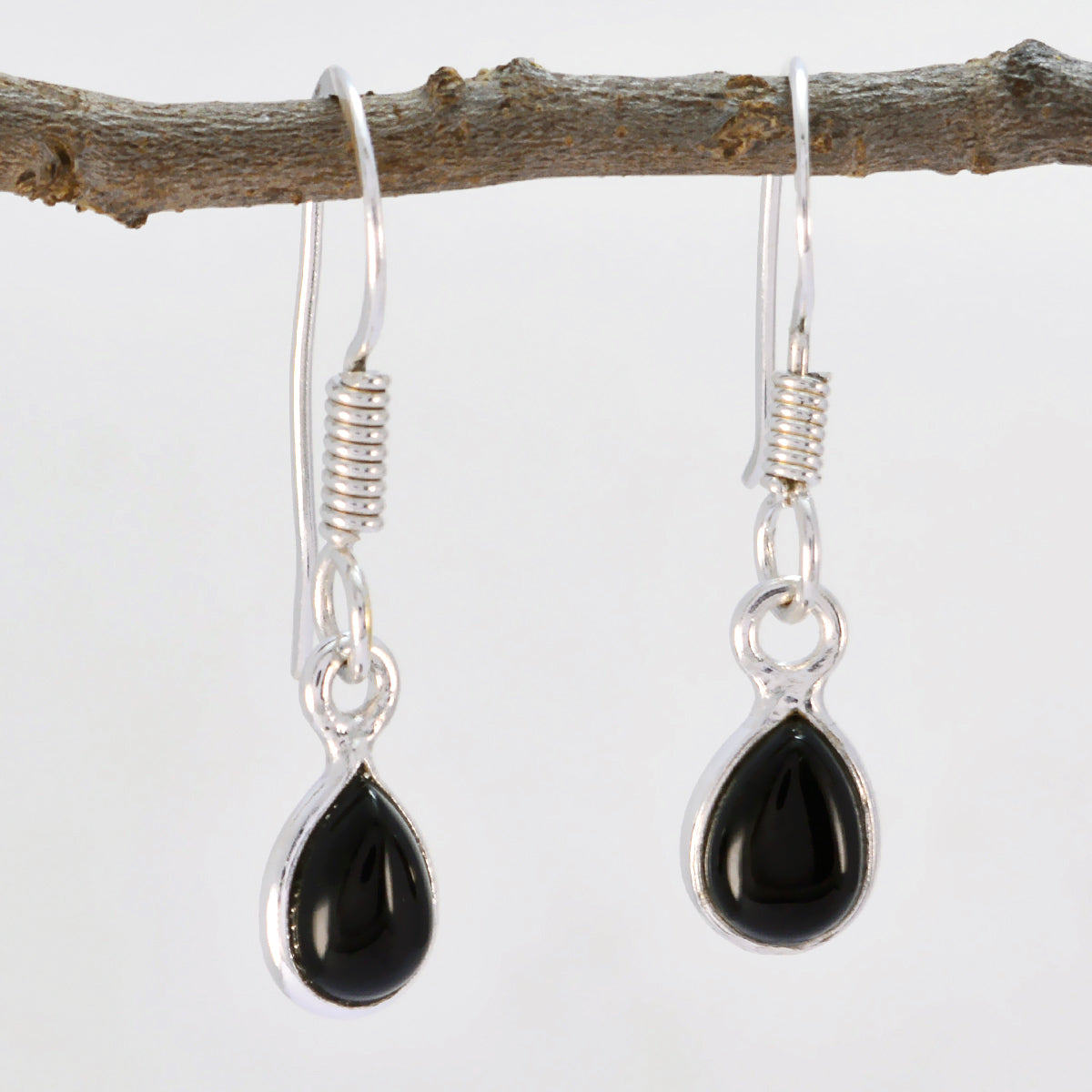 Riyo Real Gemstones pear Cabochon Black Onyx Silver Earrings brithday gift