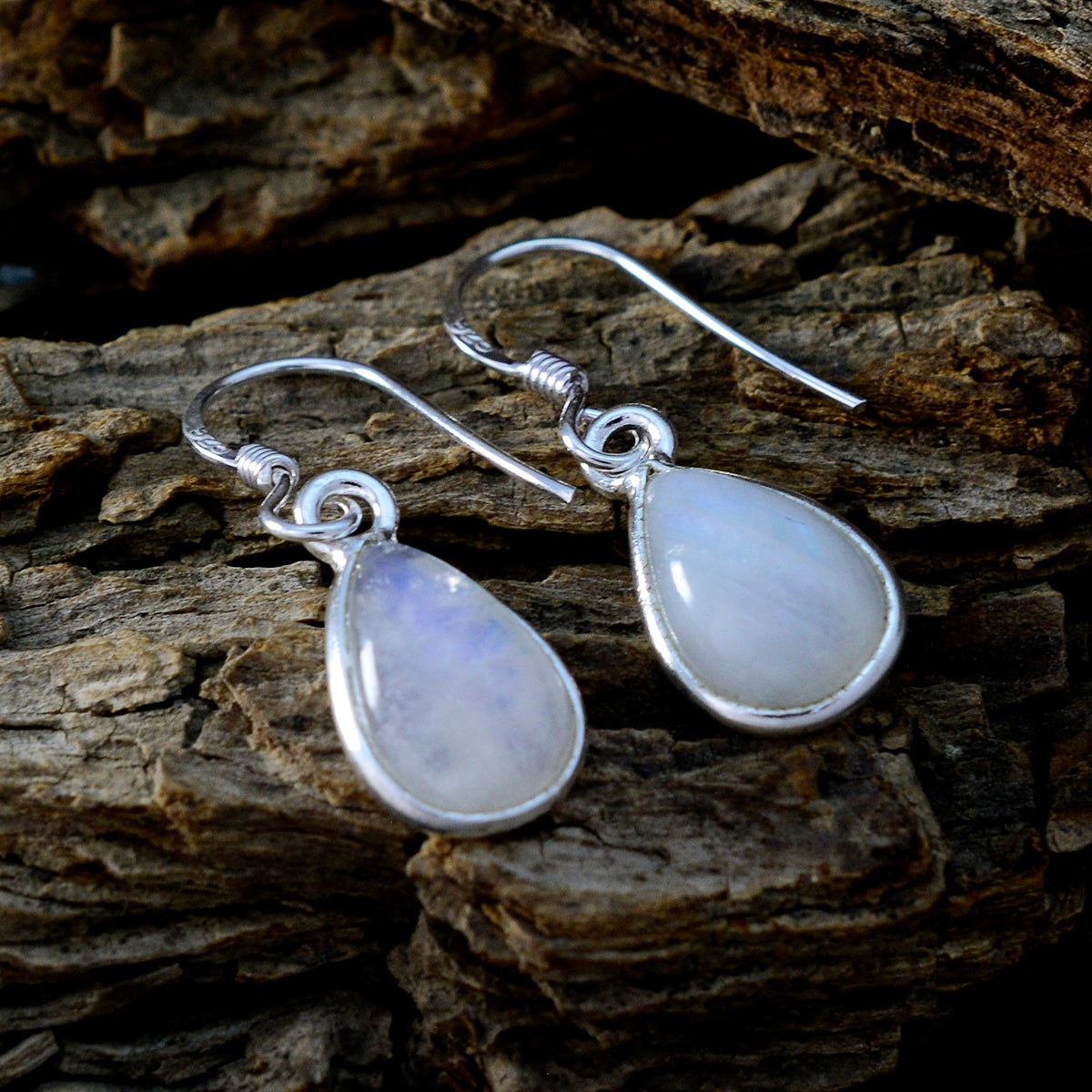 Riyo Real Gemstones pear Cabochon White Rainbow Moonstone Silver Earring grandmother gift