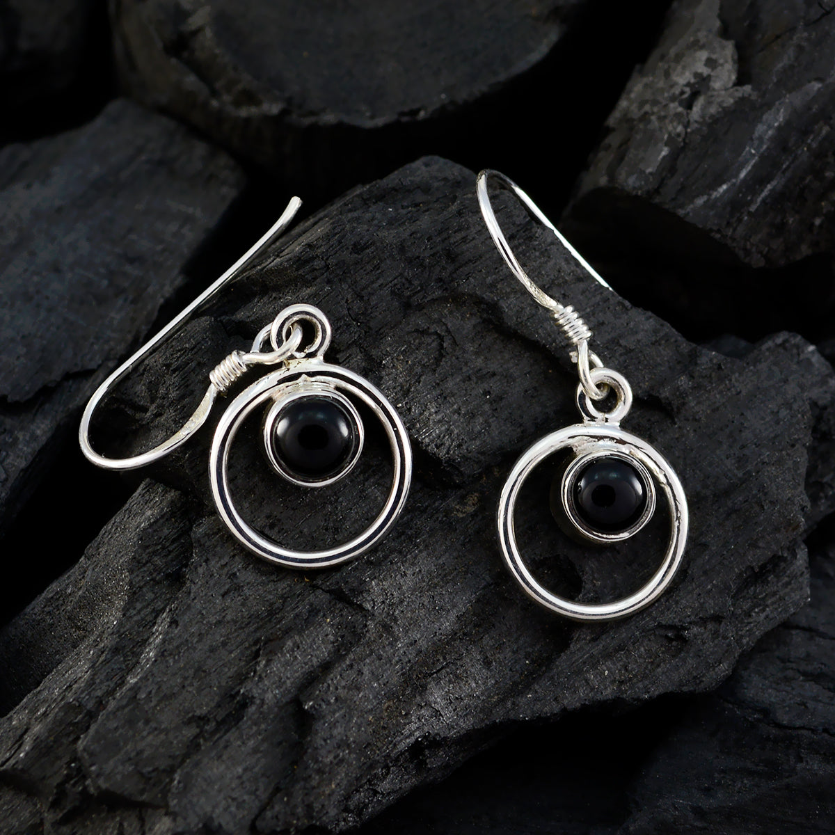 Riyo Real Gemstones round Cabochon Black Onyx Silver Earrings engagement gift