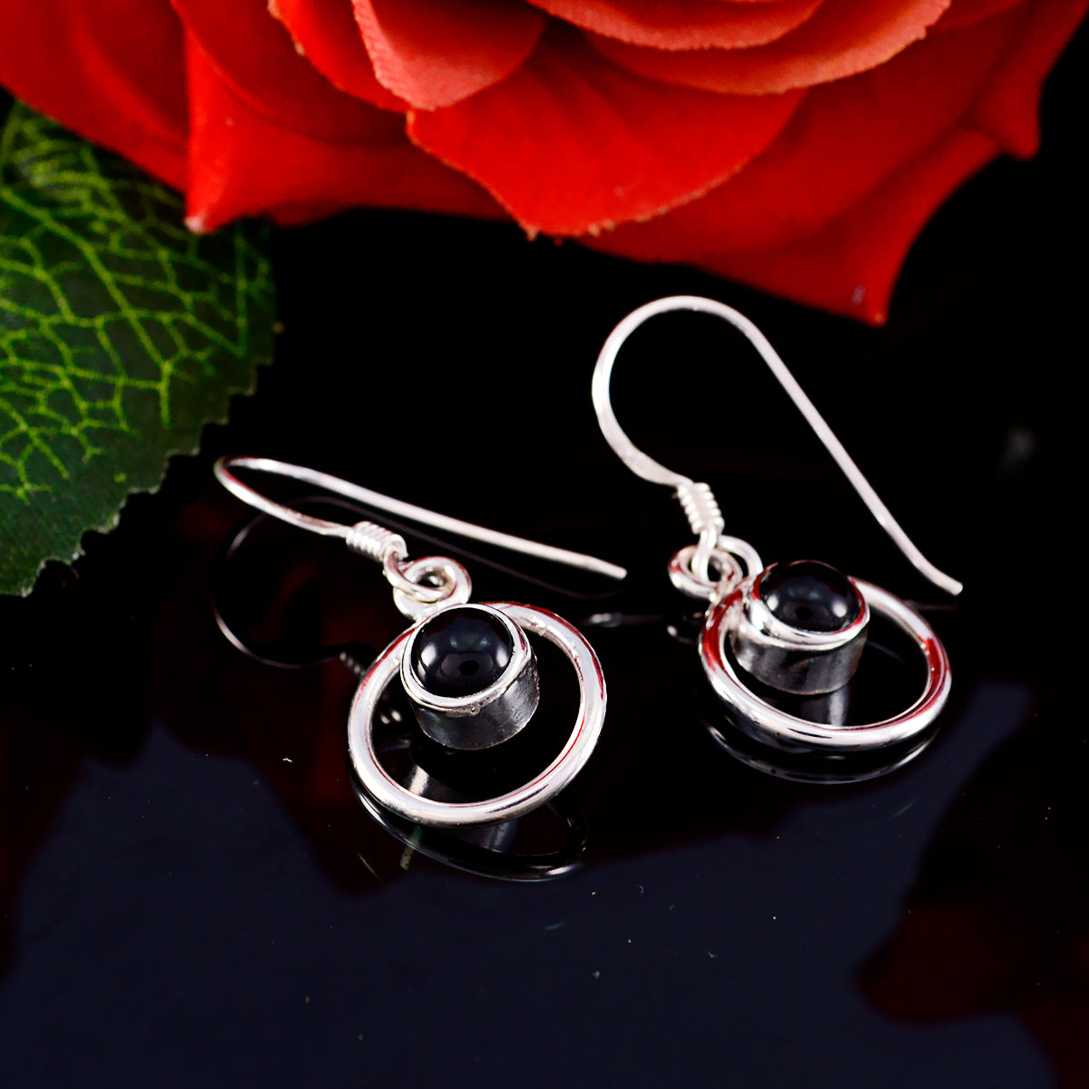 Riyo Real Gemstones round Cabochon Black Onyx Silver Earrings engagement gift