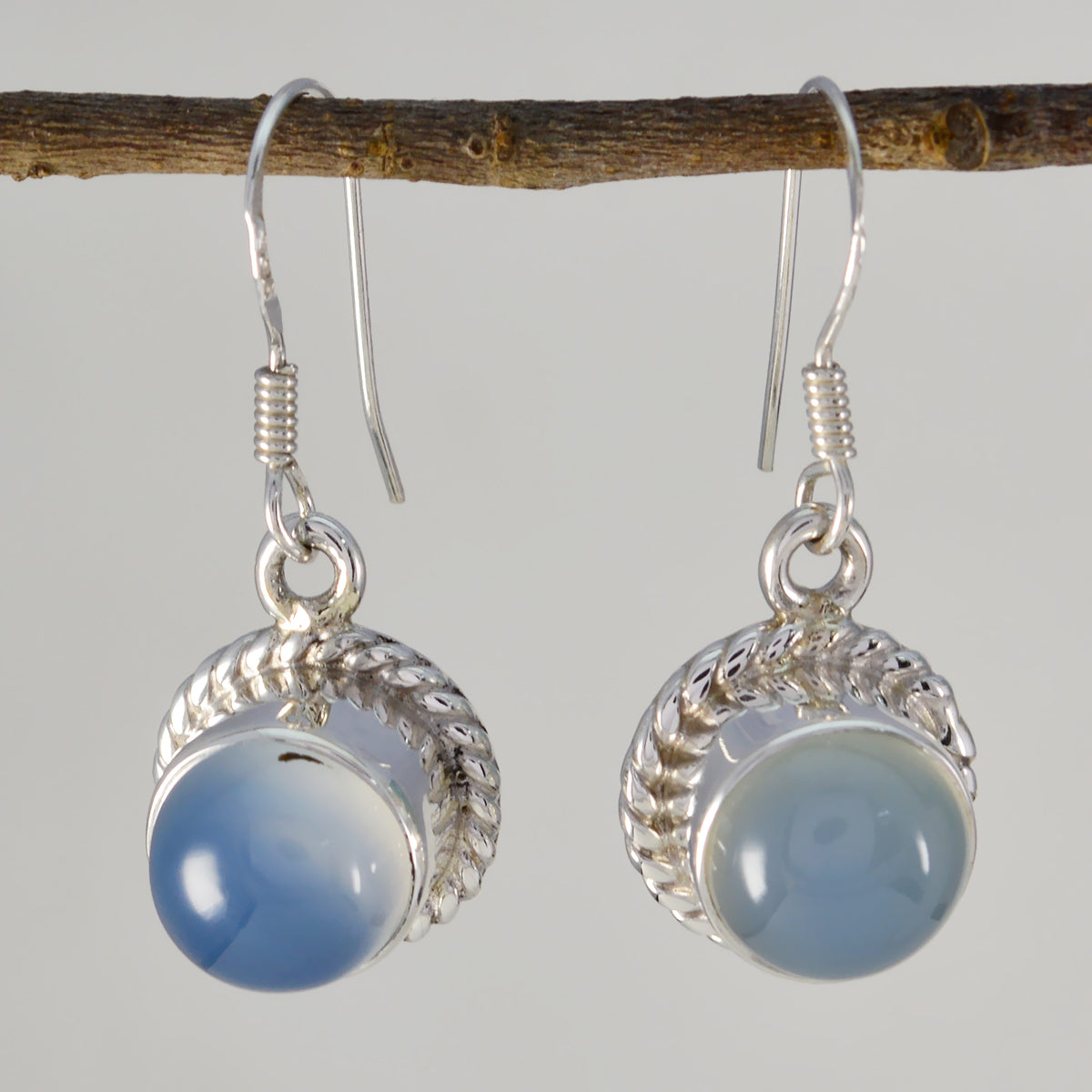 Riyo Real Gemstones round Cabochon Blue Chalcedony Silver Earring gift for christmas day