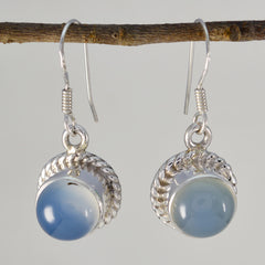 Riyo Real Gemstones round Cabochon Blue Chalcedony Silver Earring gift for christmas day