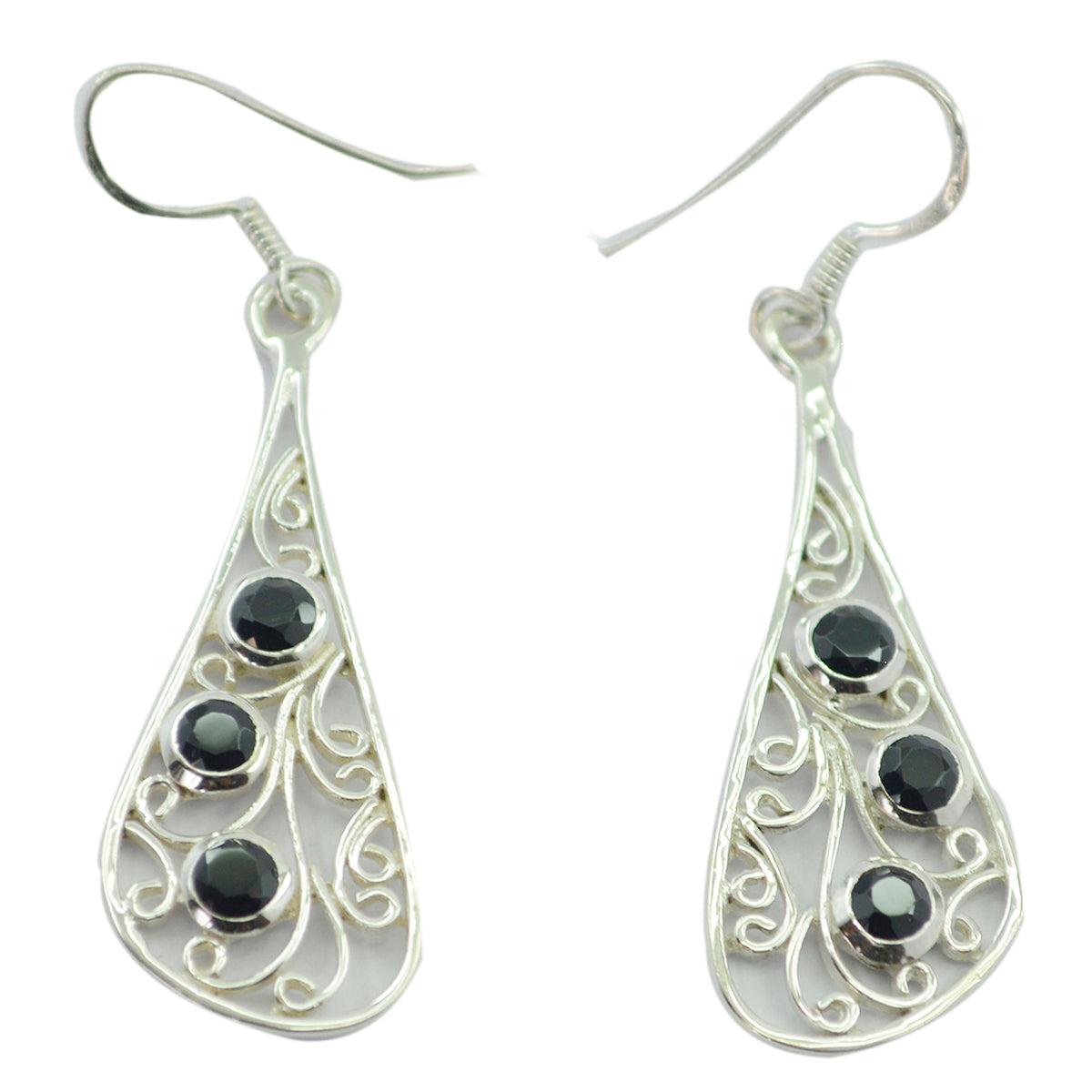 Riyo Real Gemstones round Faceted Black Onyx Silver Earring gift for anniversary
