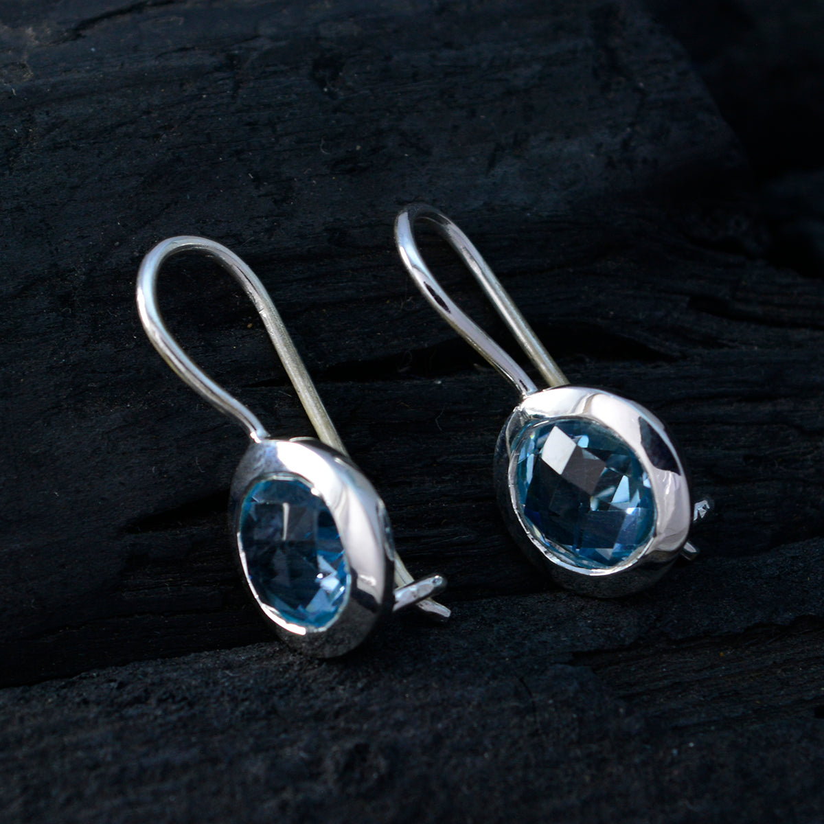 Riyo Real Gemstones round Faceted Blue Topaz Silver Earring gift for grandmother