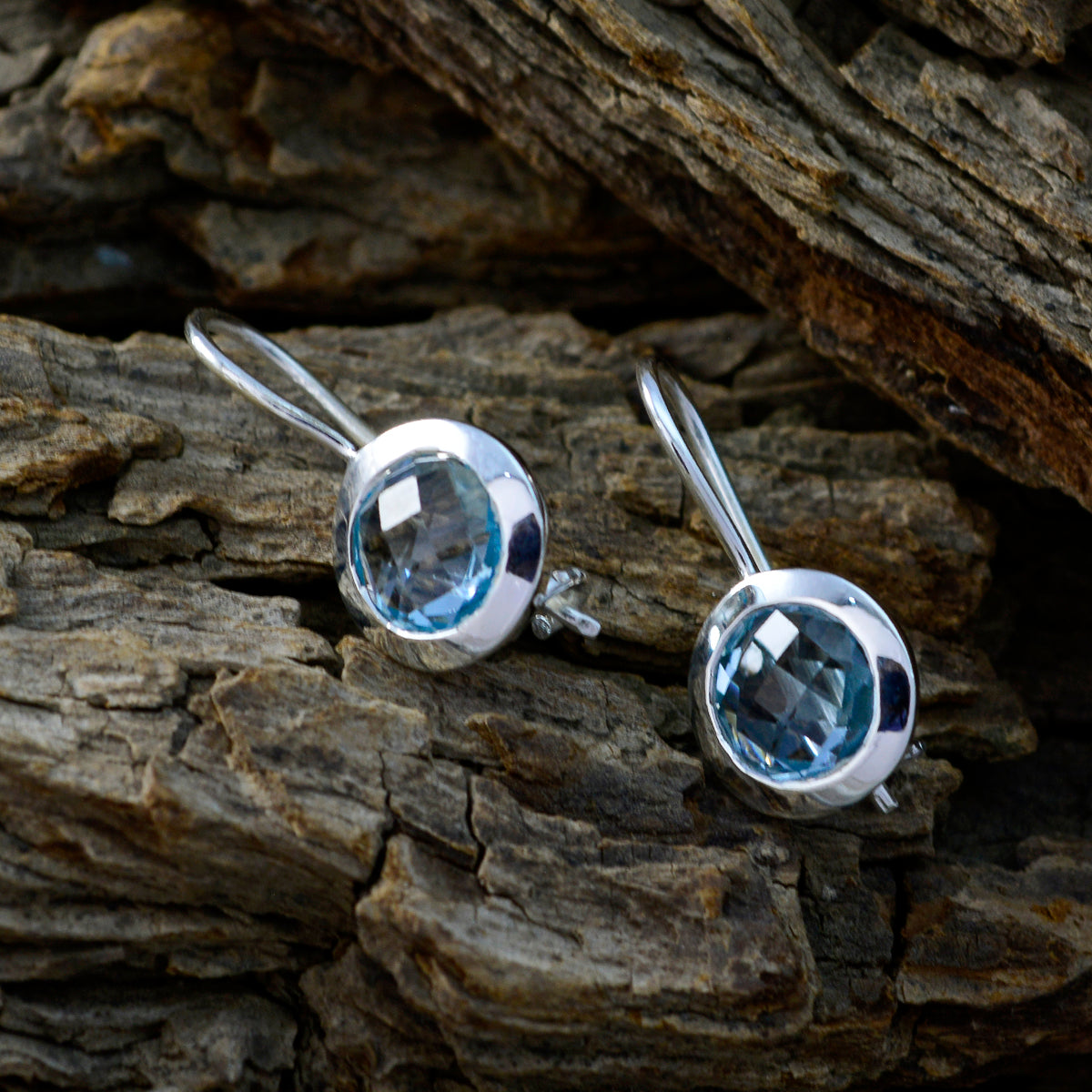 Riyo Real Gemstones round Faceted Blue Topaz Silver Earring gift for grandmother