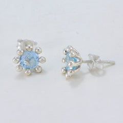Riyo Real Gemstones round Faceted Blue Topaz Silver Earring gift for wife
