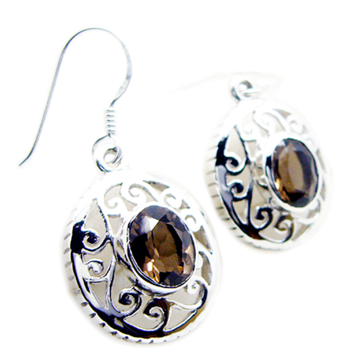 Riyo Real Gemstones round Faceted Brown Smokey Quartz Silver Earrings gift for boxing day