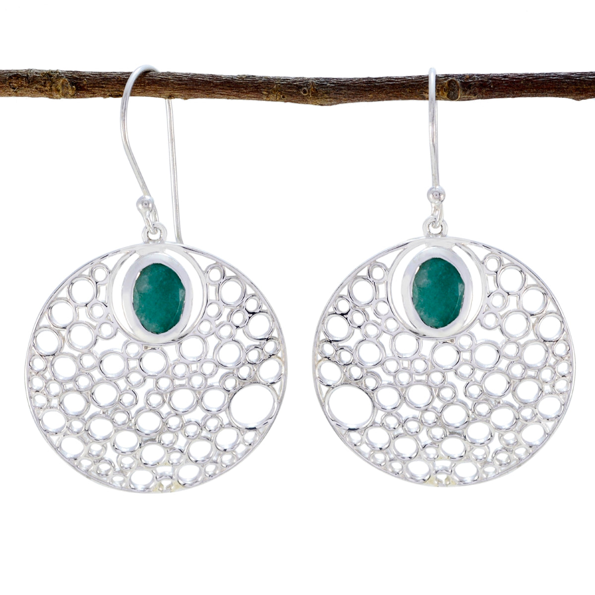 Riyo Real Gemstones round Faceted Green Indian Emerald Silver Earring gift for wife