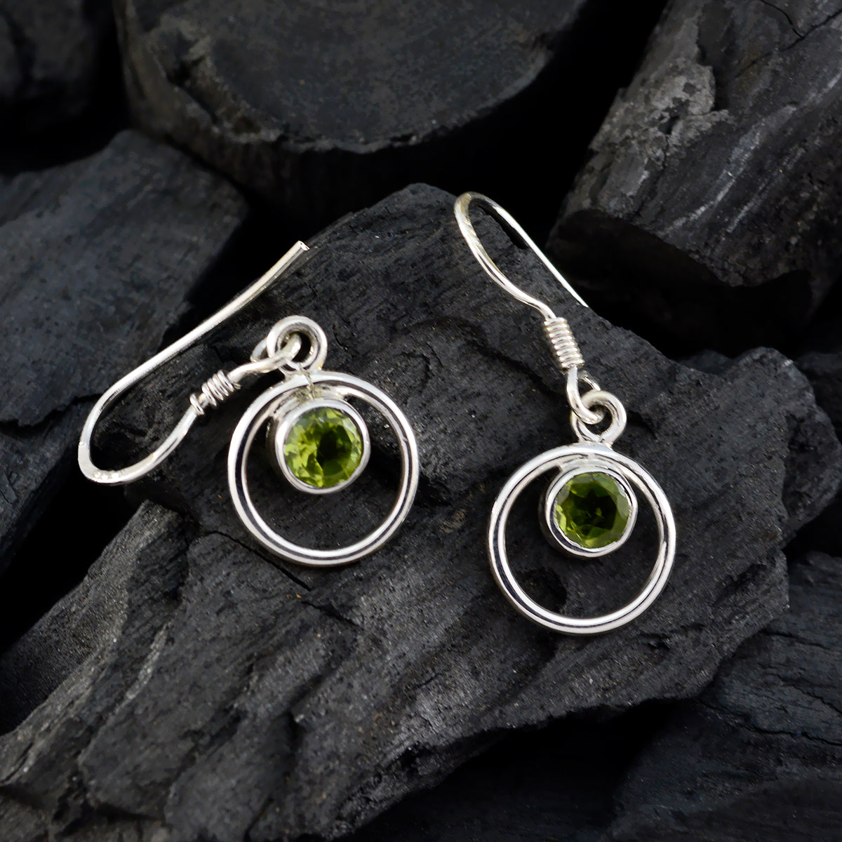 Riyo Real Gemstones round Faceted Green Peridot Silver Earring gift for brithday