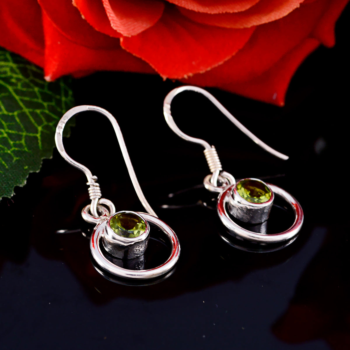 Riyo Real Gemstones round Faceted Green Peridot Silver Earring gift for brithday